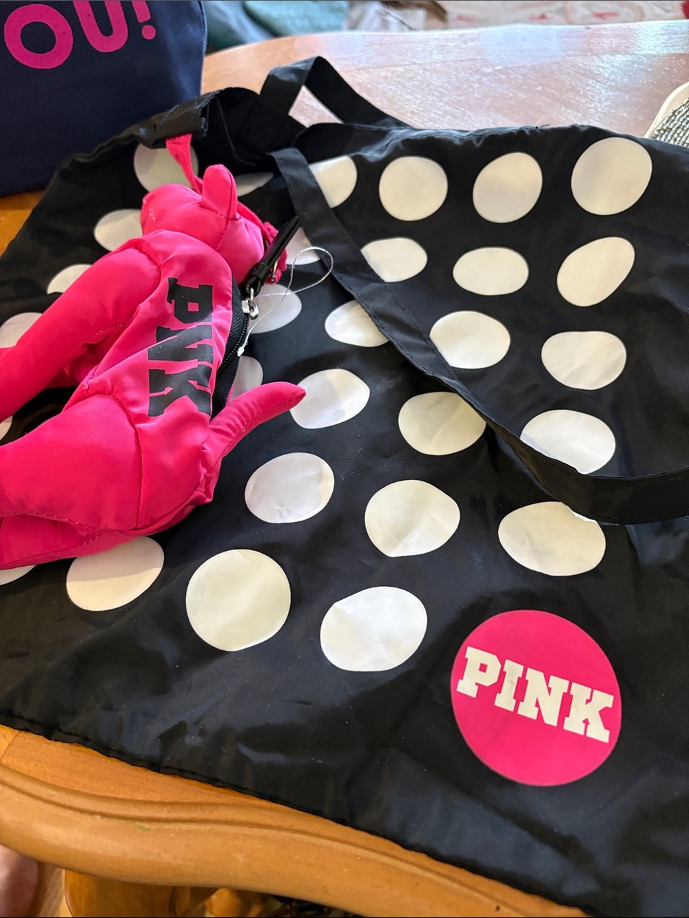 PINK Victoria's Secret Black Tote with White Polka Dots & Hot Pink Mitt Keychain